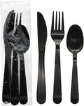 Individually Wrapped Heavy Duty Plastic Utensil Kits, 50 Sets for Party Catering, Fork/Spoon/Knife, Black