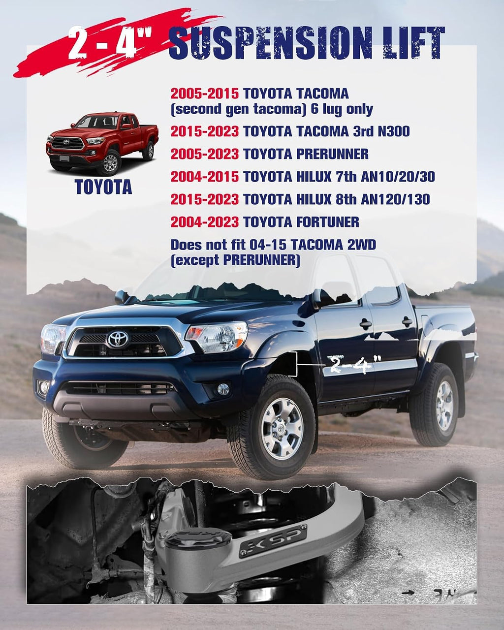 KSP 2-4"Aluminum Upper Control Arms with Rubber Bushing fit Tacoma Hilux 2004-2023, Adjustable Forged UCA With 3pcs Ball Joints Compatible with Toyota Prerunner Fortuner, One-piece Design Front Arms