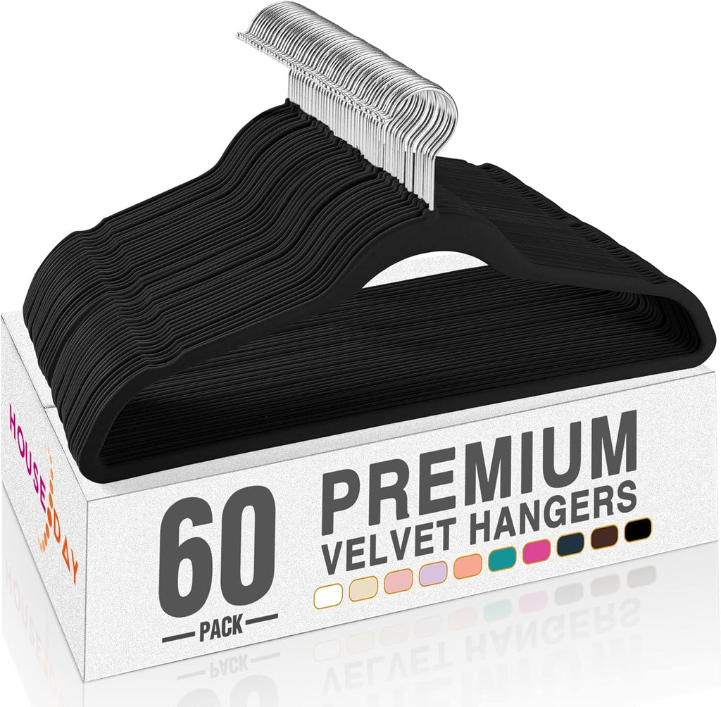 Black Velvet Hangers 60 Pack, Non Slip Clothes Felt Hanger Heavy Duty for Coat, Premium Slim Space Saving Suit