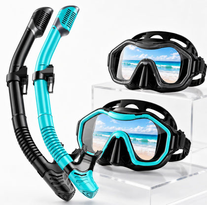 Snorkeling Gear for Adult Kid - Anti-Fog Mask with Top Dry Valve | 180°Panoramic Wide View Anti-Leak Snorkel Set with