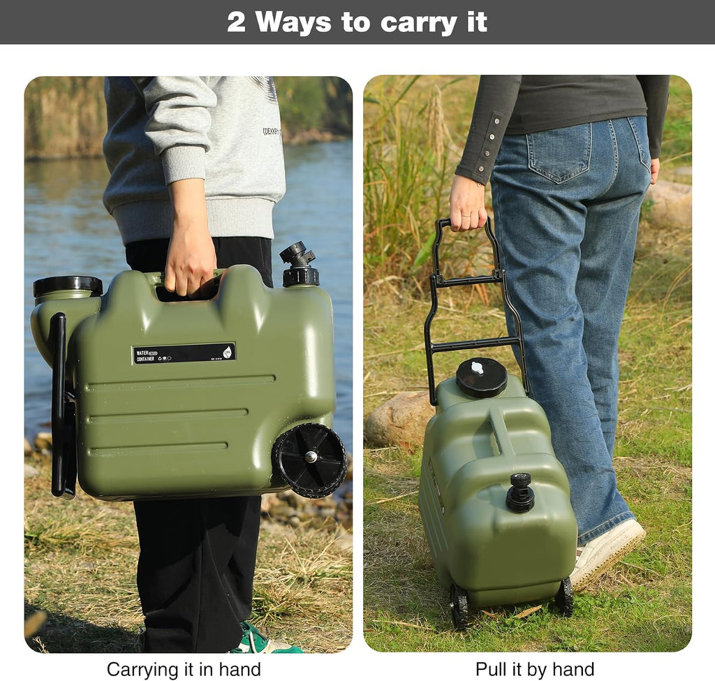 7.4 Gal Portable Water Container with Wheels & Spigot, Green | BPA-Free Rolling Camping Water Jug with Wheels &