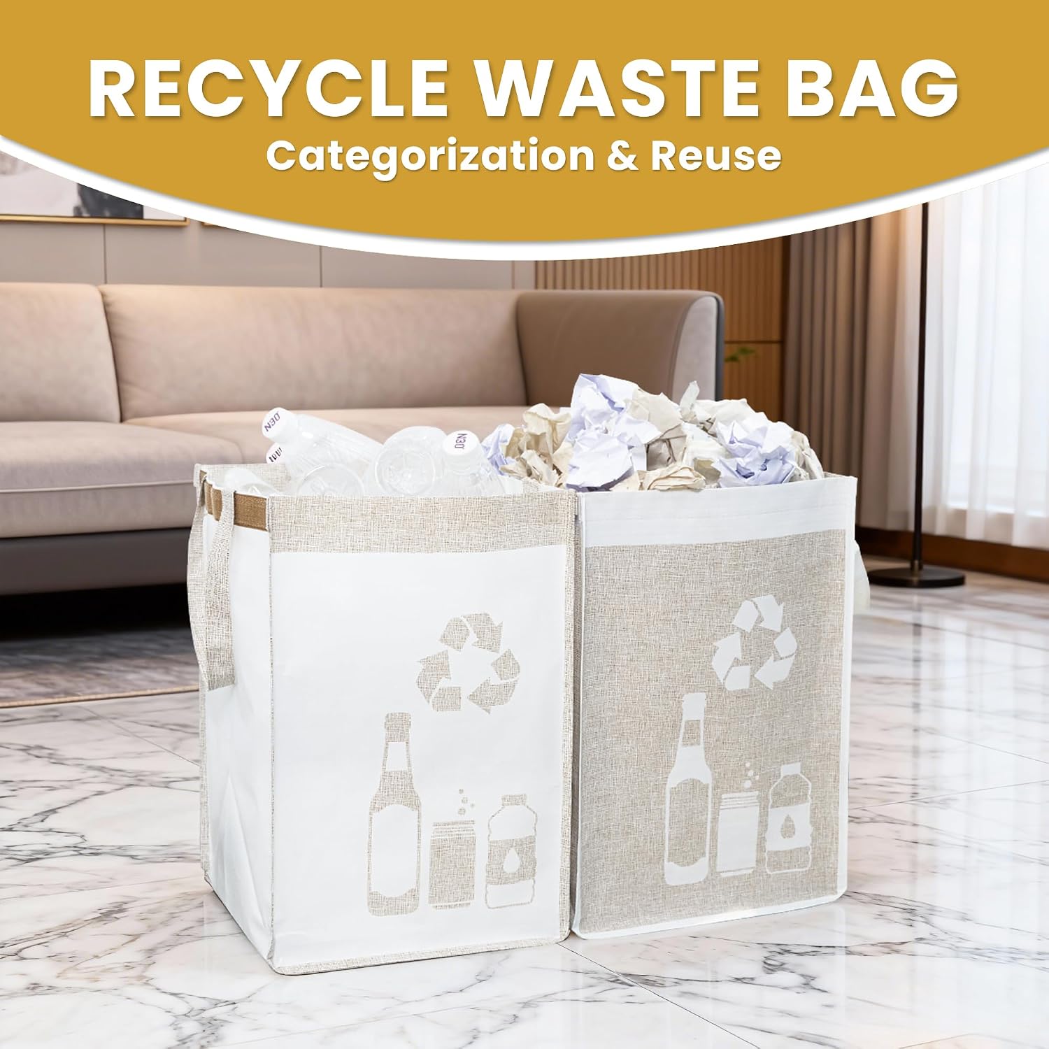 Recycle Waste Bag for Kitchen Home- Indoor Recycling Bins Trash Sorting Organizer, Reusable and Waterproof, Yellow, 2
