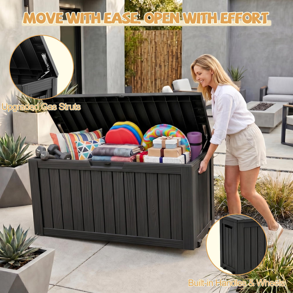 Outdoor Storage Box, 150 Gal Gen 2 Resin Deck Box w/Gas Struts & Wheels