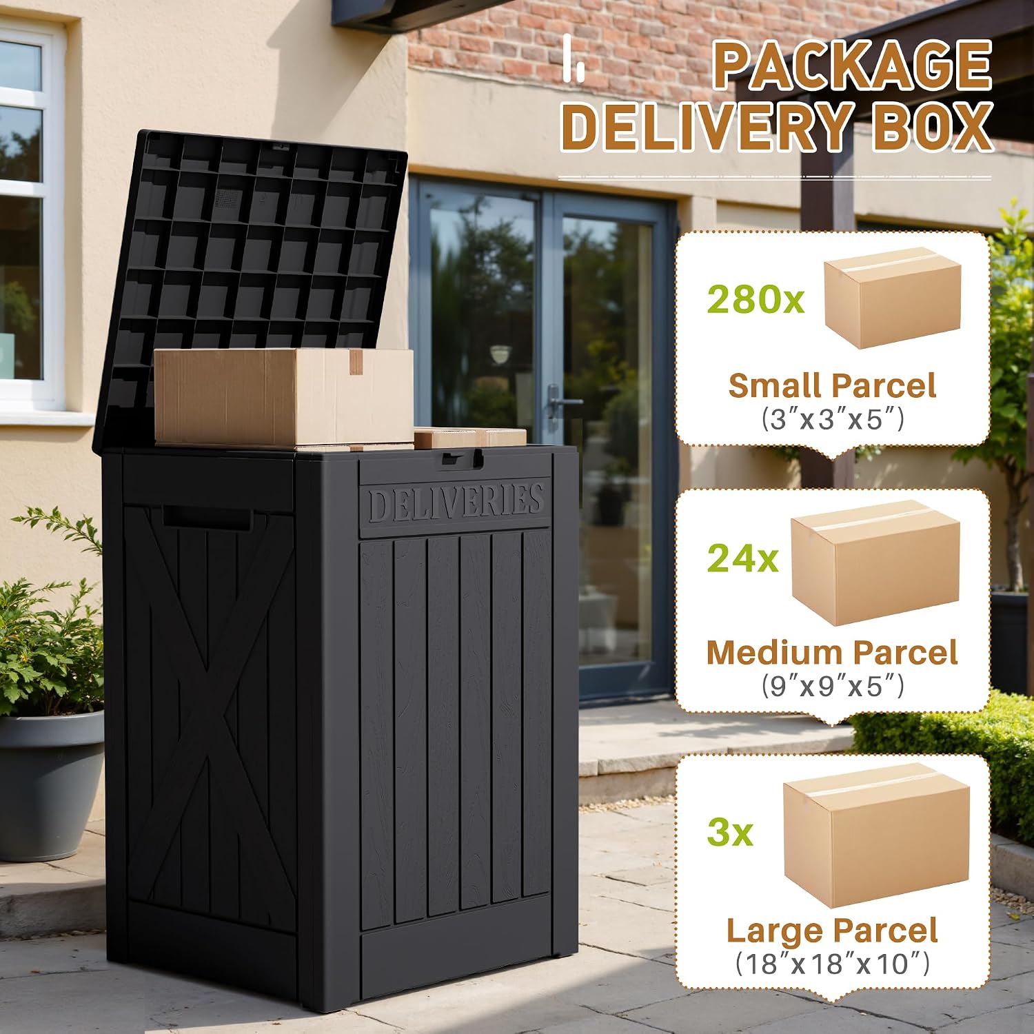 48 Gallon Package Delivery Box Outdoor Secure Lockable | Waterproof Deck Box PP Material Storage Container, Designed
