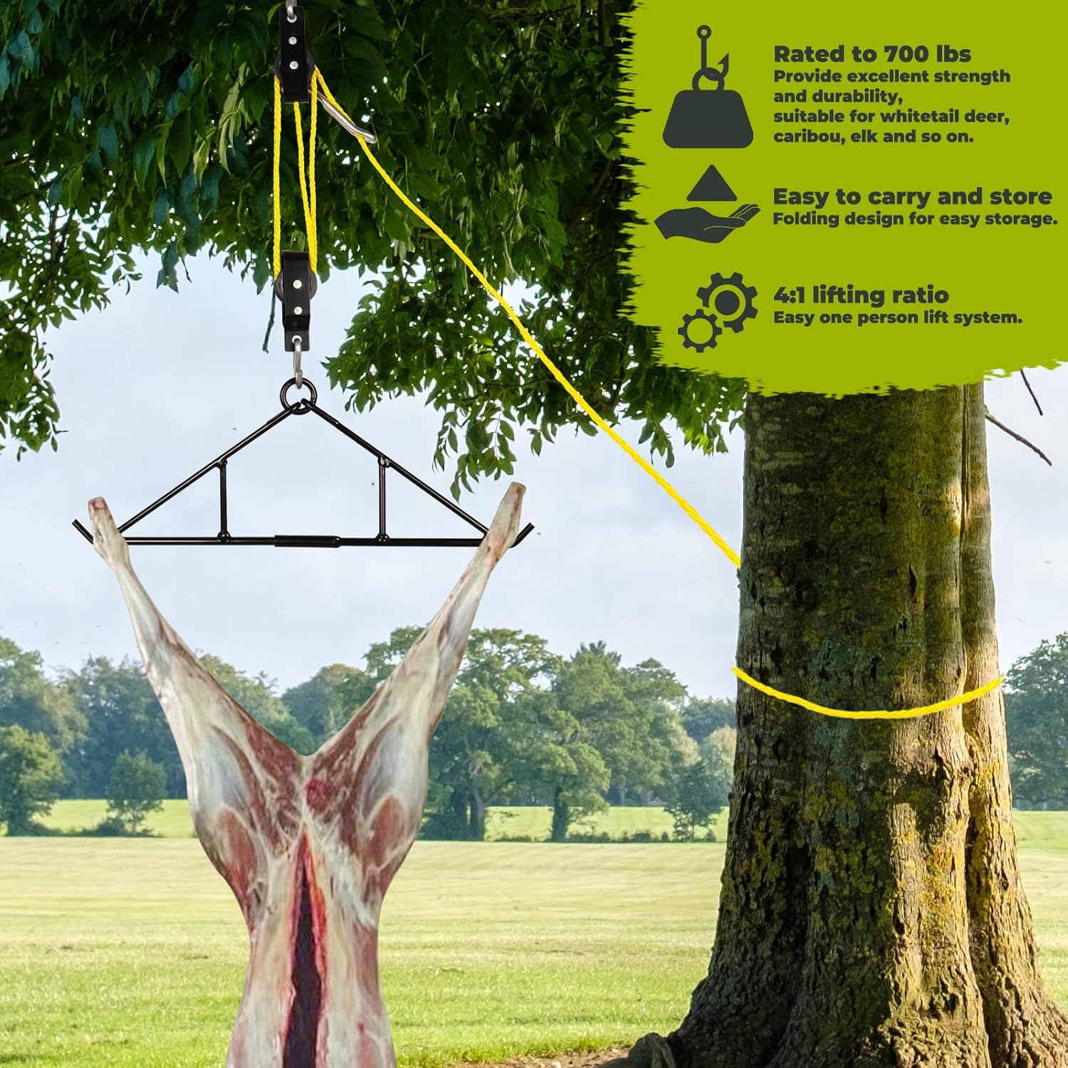 Game Hoist Gambrel & Deer Hanger Kit, 700 LB Deer Hoist Pulley System with 4:1 Lift Ratio and 44FT Rope | Pulley