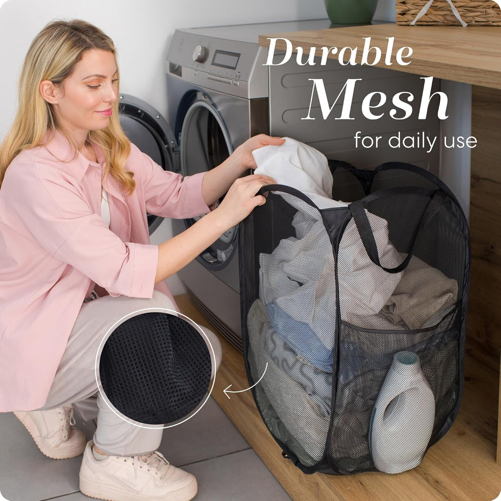 Collapsible Mesh Pop Up Hamper with Wide Opening and Side Pocket - Breathable, Sturdy, Foldable, and Space-Saving