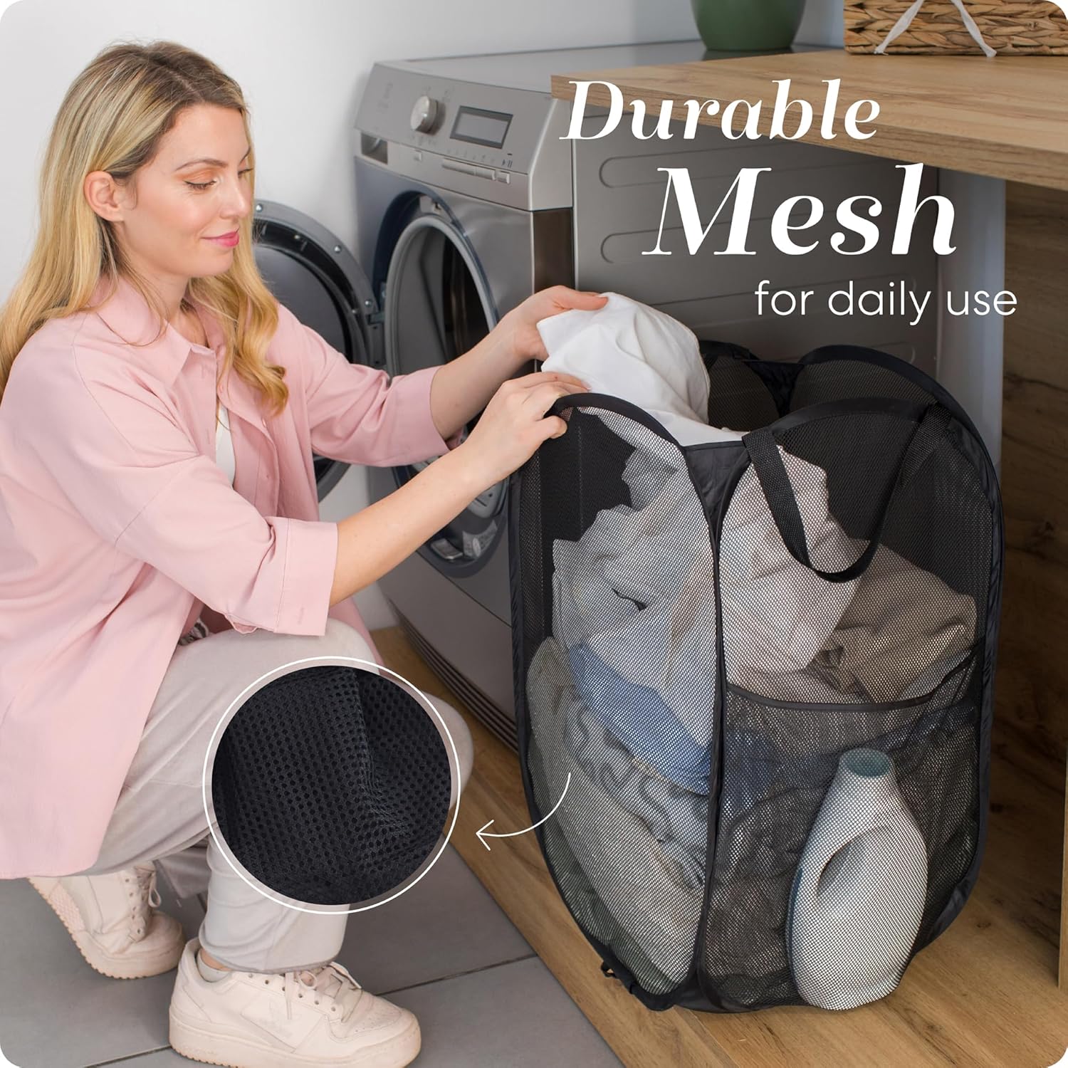 Collapsible Mesh Pop Up Hamper with Wide Opening and Side Pocket - Breathable, Sturdy, Foldable, and Space-Saving