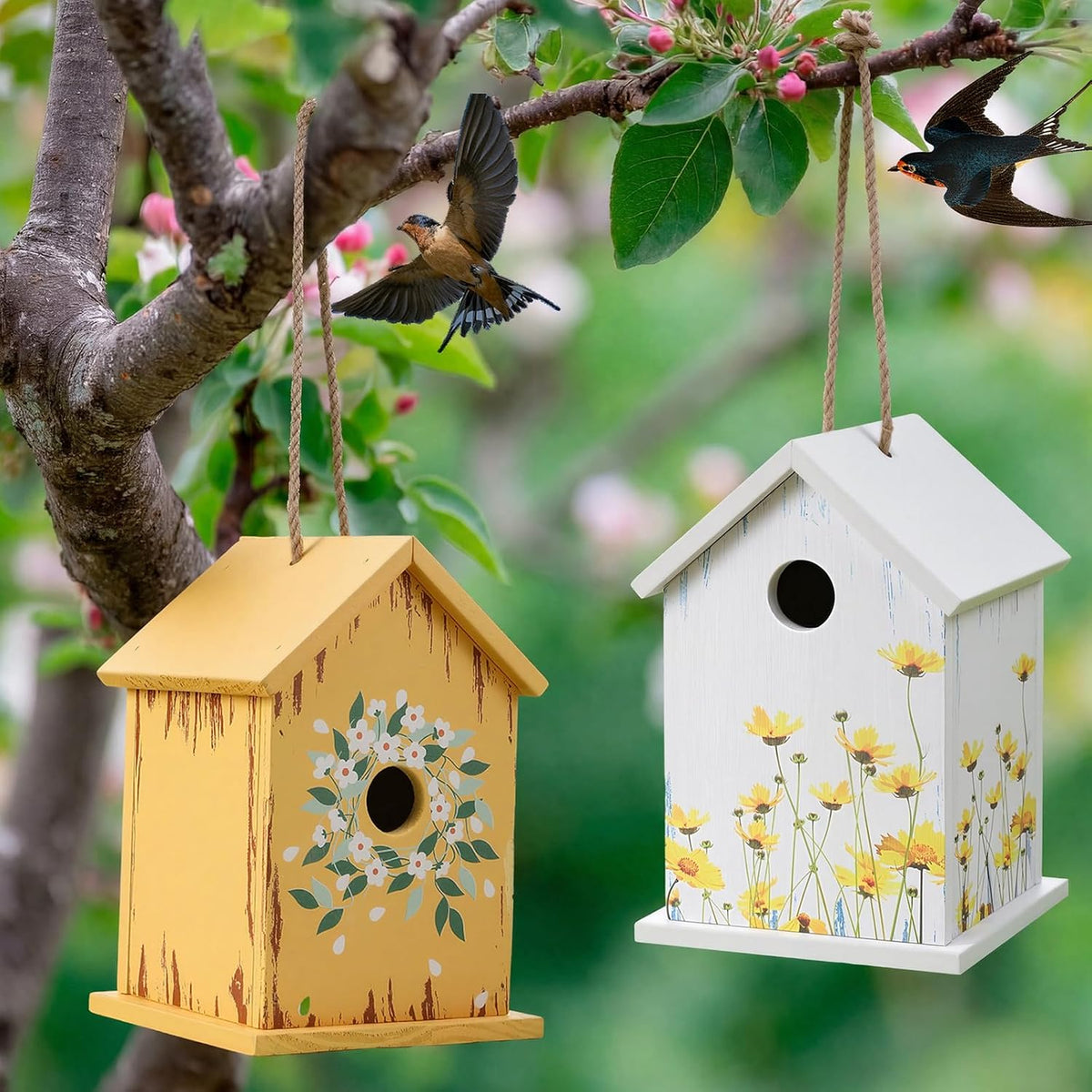2 Pack Wren Houses for Outside, 1.2 Inch Entrance, Vintage