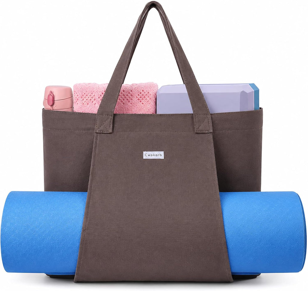 Yoga Mat Bag for Women, Pure Cotton Canvas Yoga Tote with Wet/Dry Pocket, Bottle Holder & Inner Zipper Pocket, Yoga