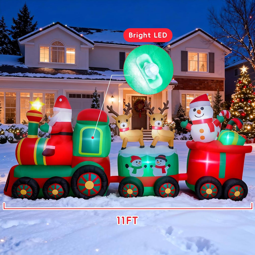 11 FT Long Christmas Inflatables Train with Santa Claus Reindeer Snowman Outdoor Decorations Blow Up Yard with