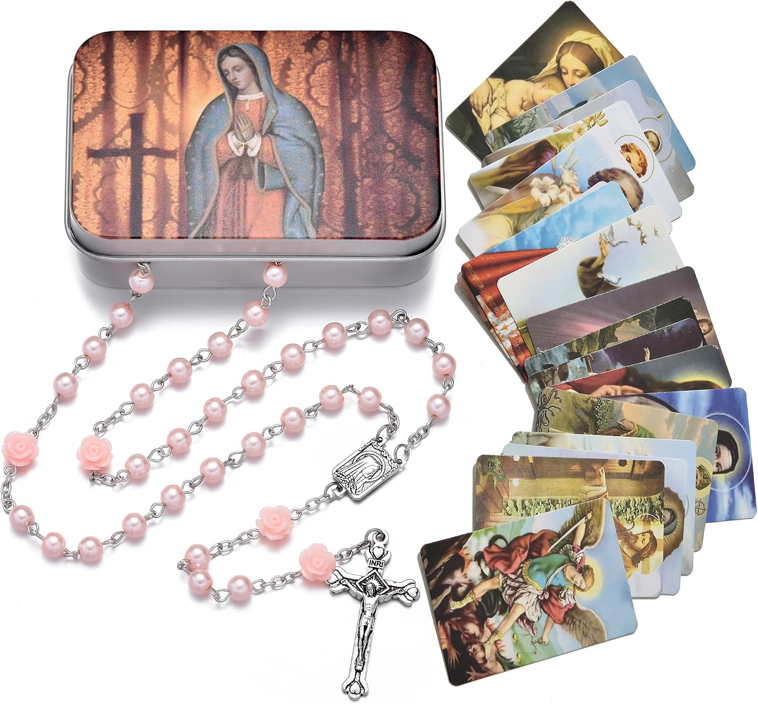 Rosary Beads Catholic Necklace Holy Soil Medal Cross Crucifix with Metal Box and 18pcs Prayer Cards