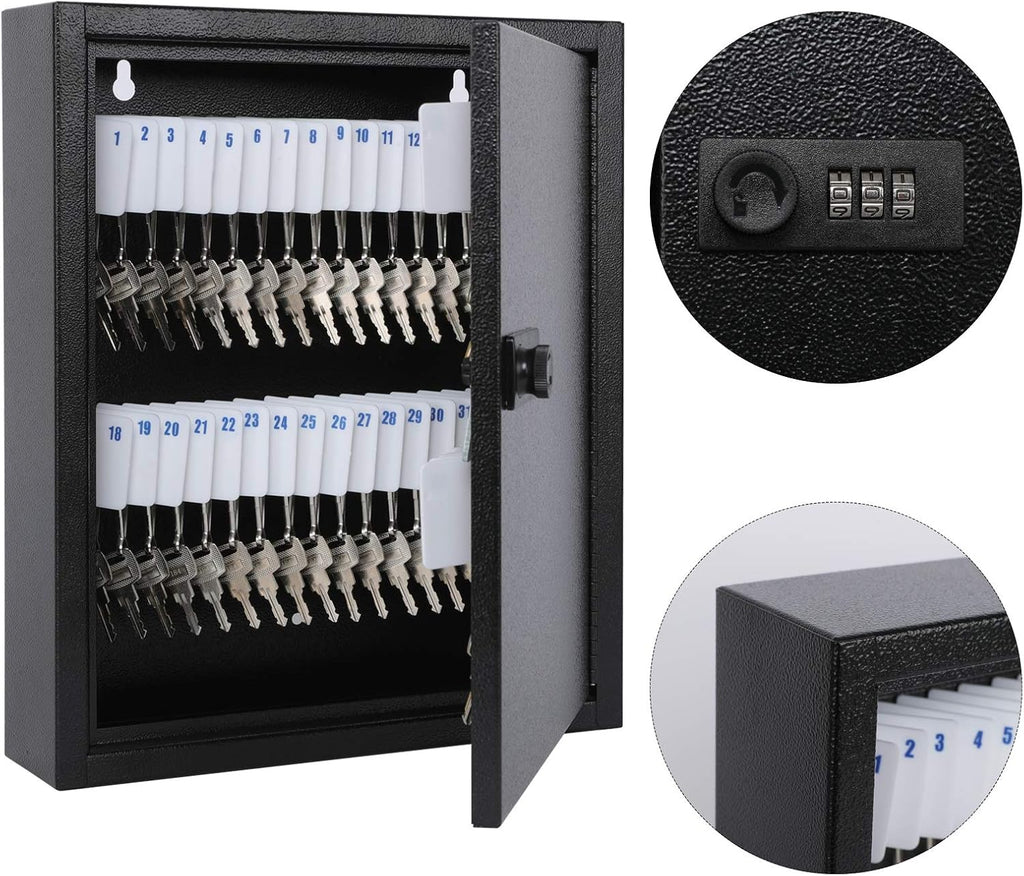 Key Box, Wall Mount 60 Key Cabinet, Combination Lock, Black | Numbered Key Storage Organizer, Secure Lock Box, Key