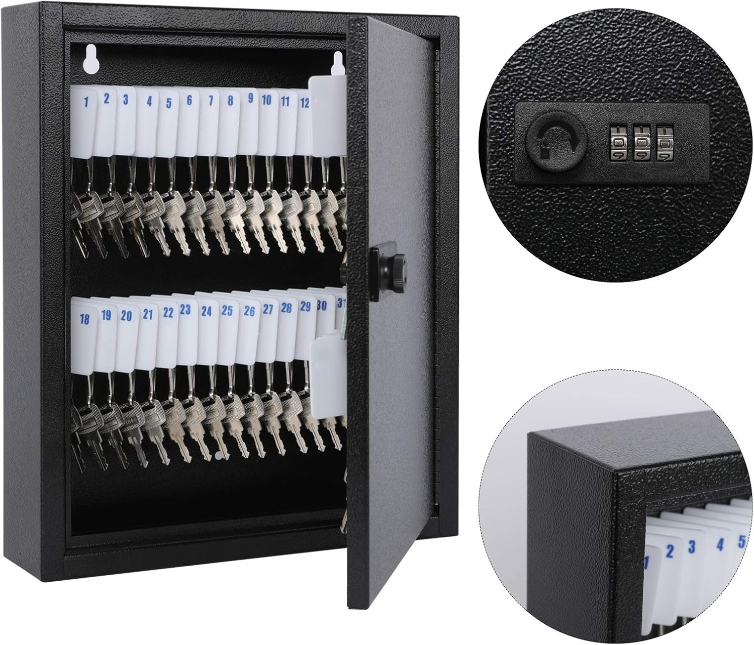Key Box, Wall Mount 60 Key Cabinet, Combination Lock, Black | Numbered Key Storage Organizer, Secure Lock Box, Key