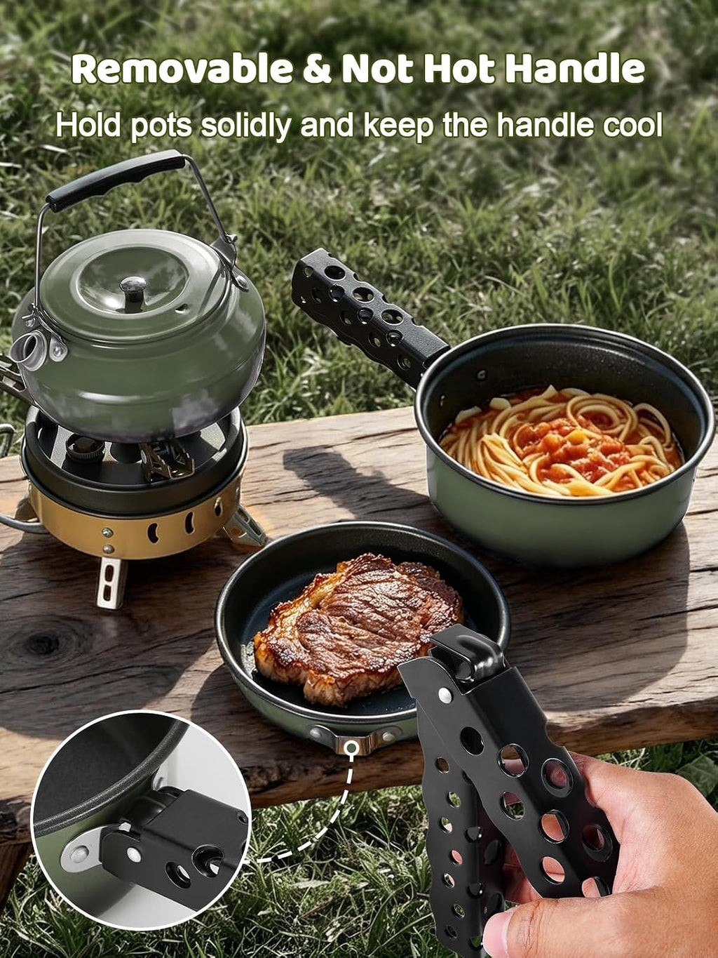 5pcs Camping Cookware Non-Stick Camping Pot and Pan Set with Kettle and Removable Handle for Hiking Backpacking and