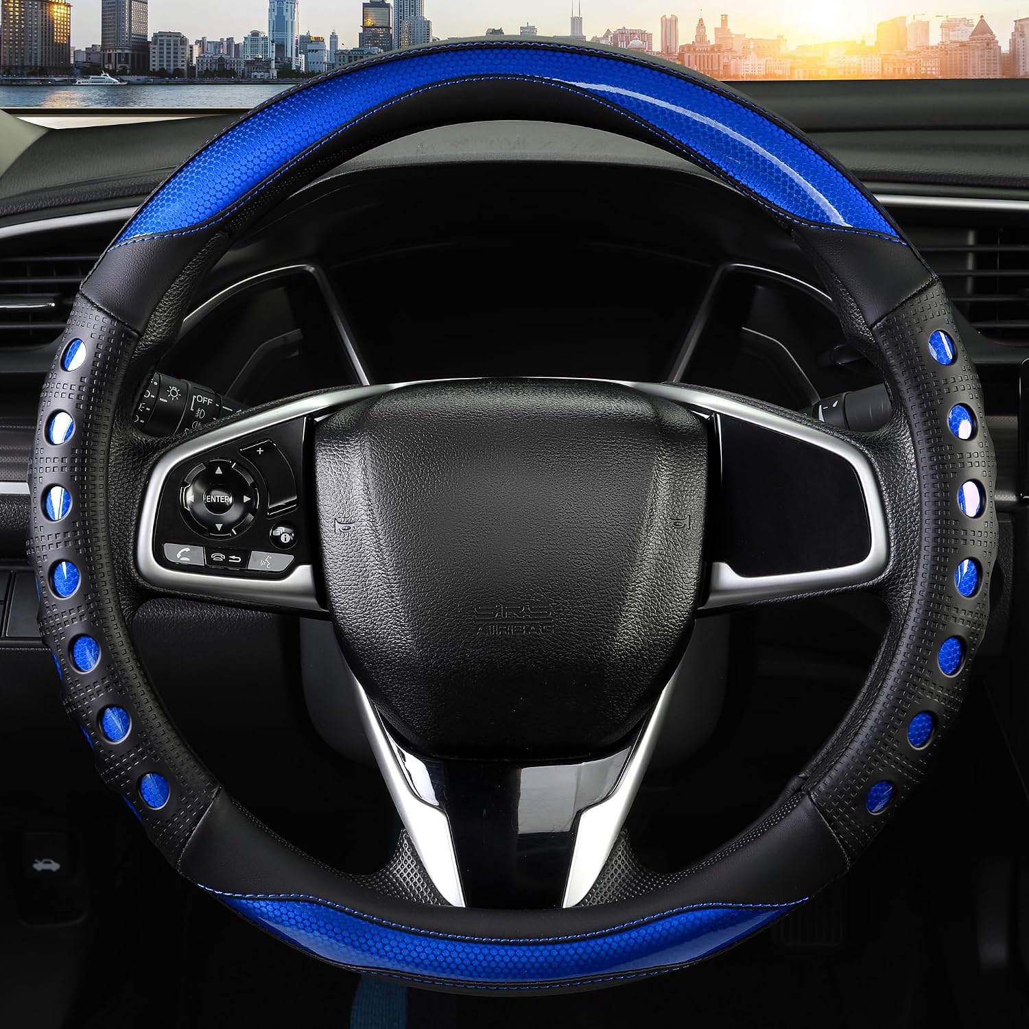 PU Leather Car Steering Wheel Cover with Anti-Slip Grip, for Women and Men, Universal Fit for 14.5-15 Inch Cars