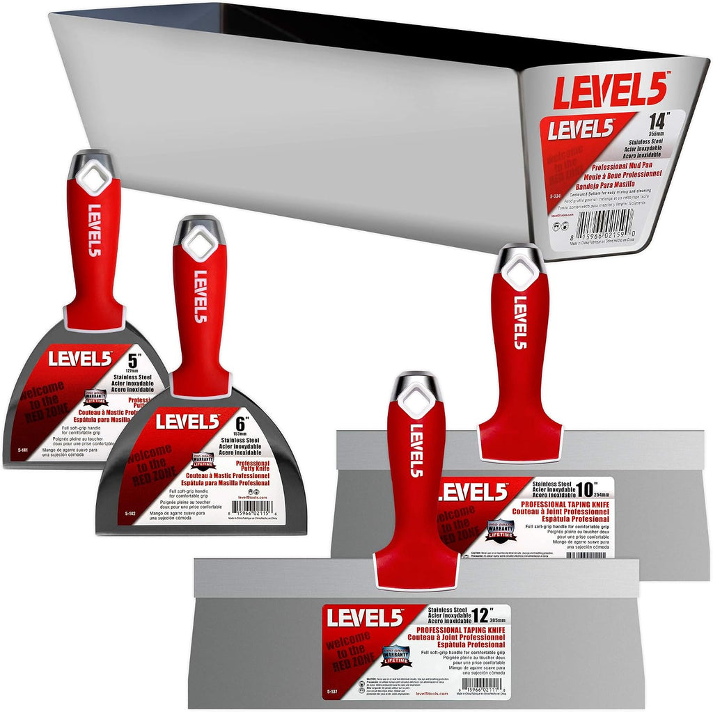 Drywall Finishing Hand Tool Kit | 5, 6 Inch Joint Knives, 10, 12 Inch Taping Knives, 14 Inch Mud Pan | Stainless
