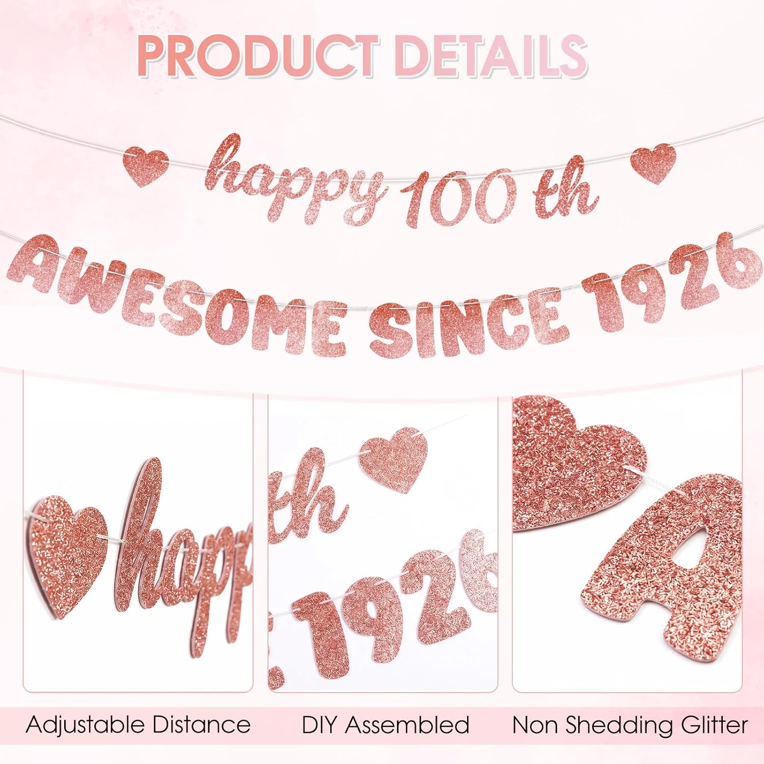 Rose Gold 100th Birthday Decorations for Women - Glittery Happy 100th Birthday Banner, Centenarian Awesome Since 1926