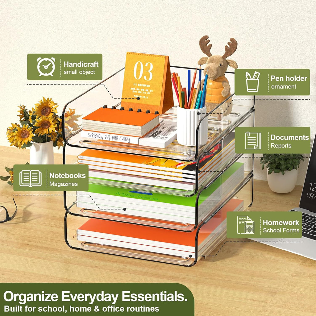 4-Tier Acrylic Paper Tray Organizer, Clear Stackable Desk File Organizer for Documents, Files, Letters, A4 Paper