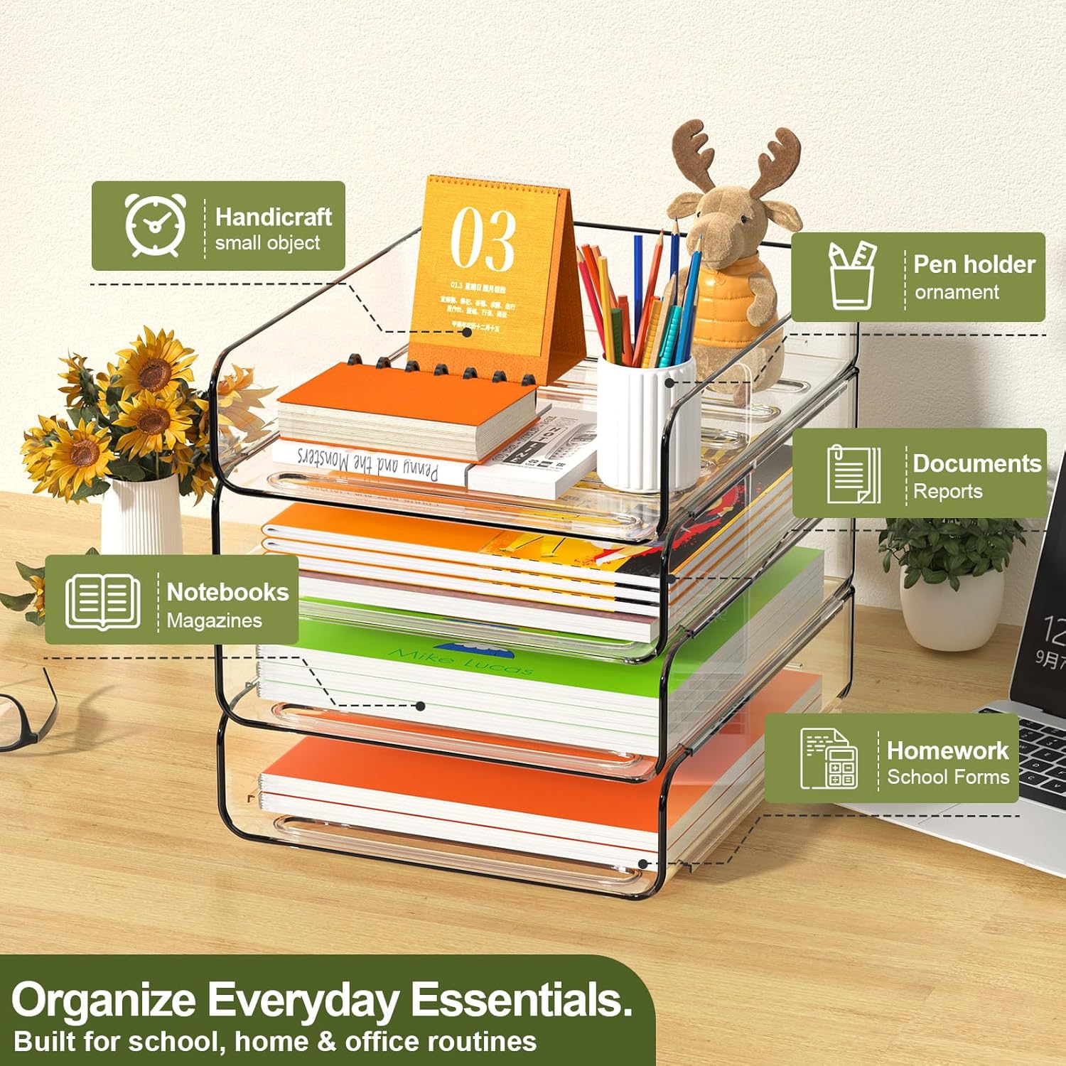 4-Tier Acrylic Paper Tray Organizer, Clear Stackable Desk File Organizer for Documents, Files, Letters, A4 Paper