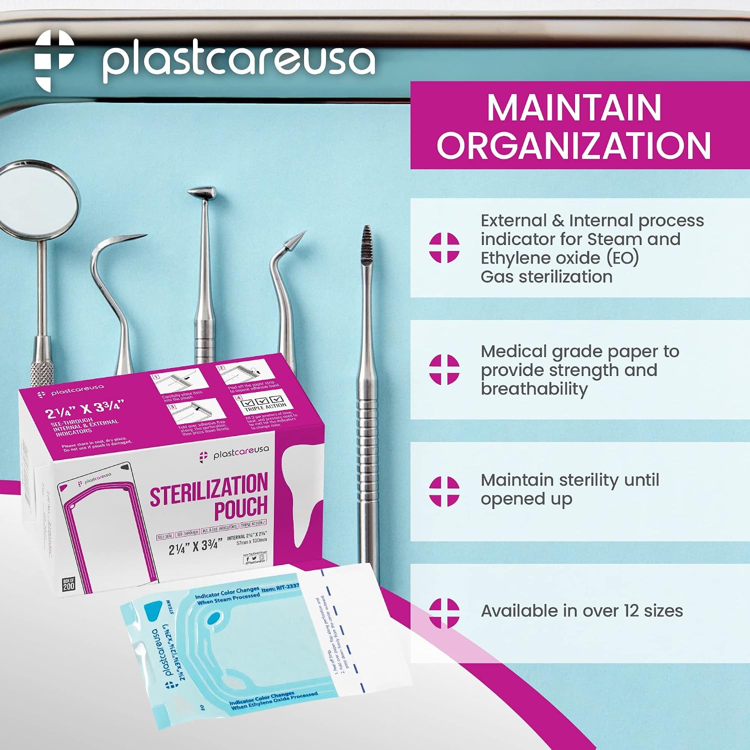 200 2.25 x 2.75 Inch Self Sealing Sterilization Autoclave Pouch Bags with Indicators, 1 Box of 200