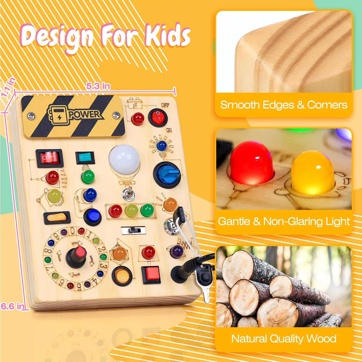 Busy Board with LED Light Switches, Montessori Toys for 1 2 3 Years Old, Toddlers Wooden Toy Sensory Activity Board