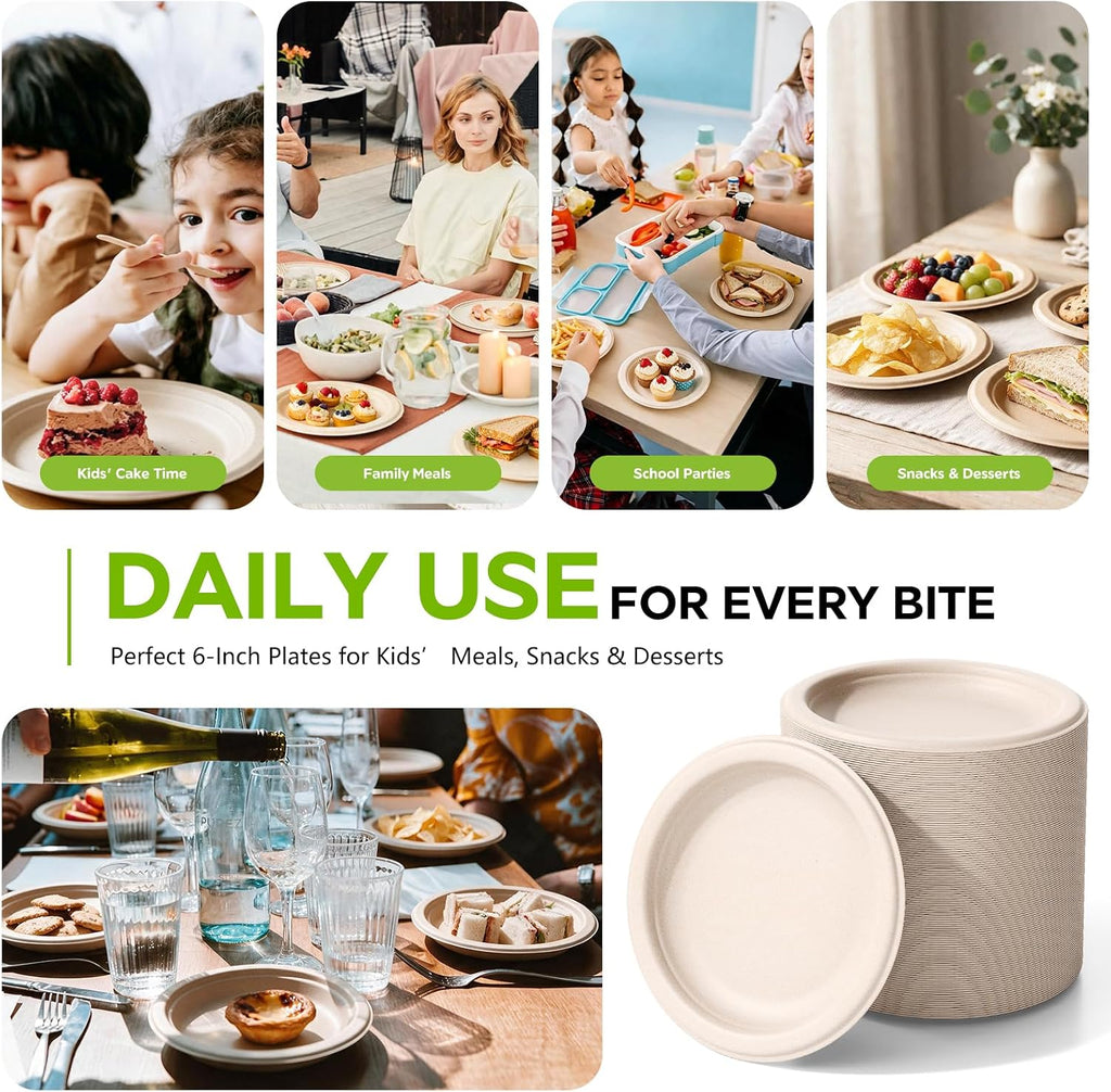 Disposable Compostable Paper Plates 6" - Small Dessert Plates 100 Count