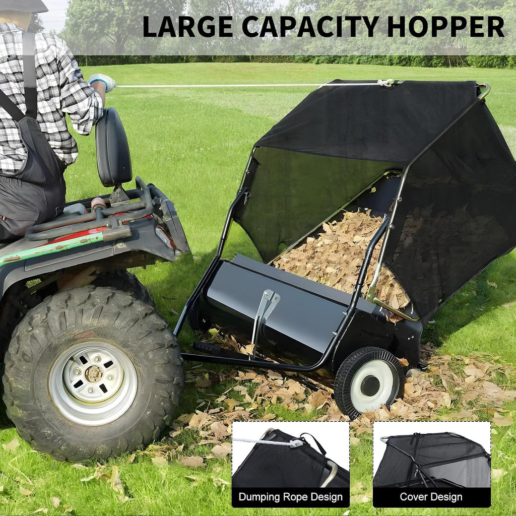 Pull Behind Lawn Sweeper with Dumping Rope, 44” Tow Behind Leaf Collector, Adjustable Height Yard Sweeper with Large