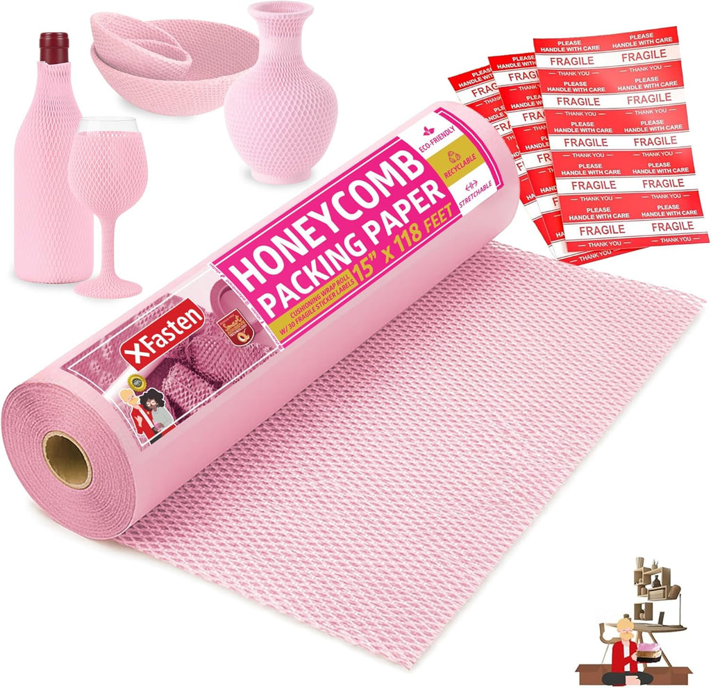 Pink Honeycomb Packing Paper for Moving 15-Inch x 118-Feet Bubble Honeycomb Wrap, Honeycomb Wrapping Paper for