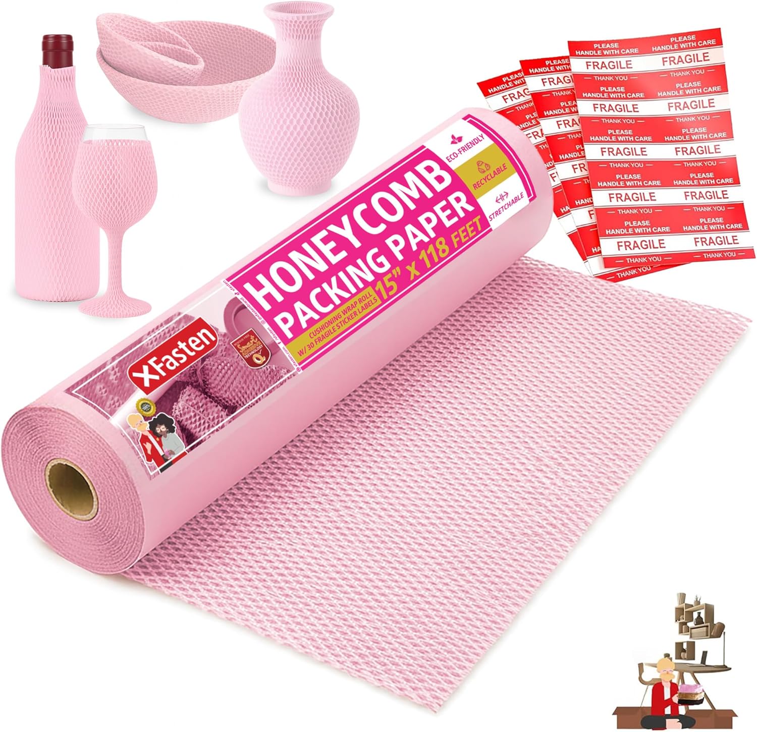 Pink Honeycomb Packing Paper for Moving 15-Inch x 118-Feet Bubble Honeycomb Wrap, Honeycomb Wrapping Paper for