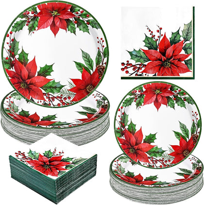 200 Pcs Christmas Plates and Napkins Disposable, Poinsettia Christmas Paper Plates and Napkins Sets, Heavy Duty 9