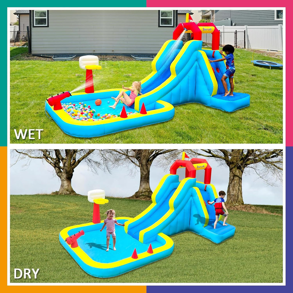 Inflatable Water Slide, Blow Up Water Slide with Climbing Wall, Water Slide for Kids Backyard with Basketball Hoop