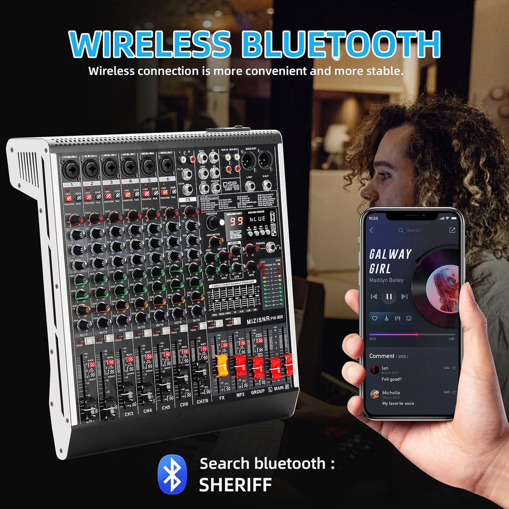 8 Channel Audio Mixer Professional Sound Mixing Board with 99 DSP Effects, 7-band EQ Digital DJ Mixer Console w/USB