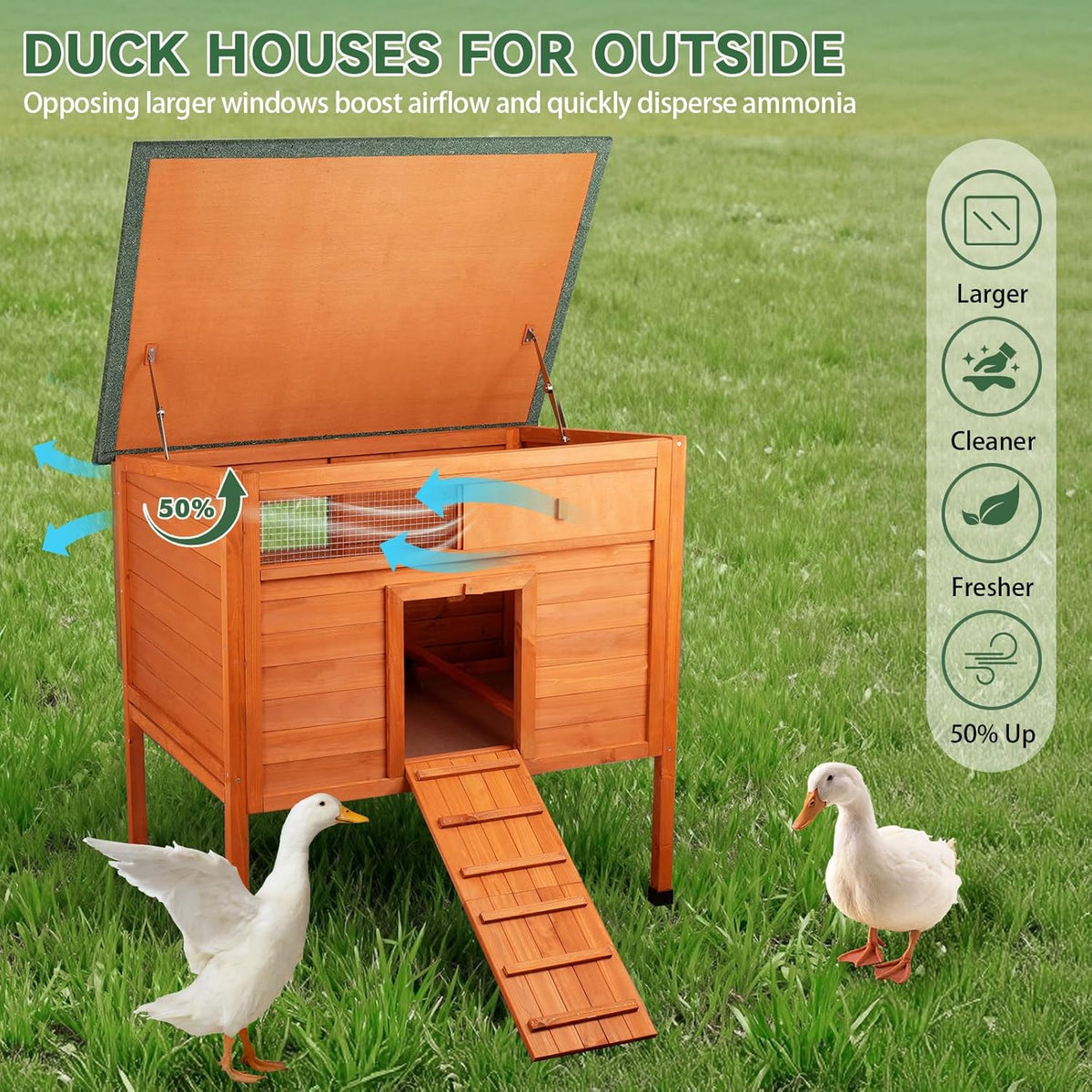 Wooden Duck Coop, Duck House for Outside with Larger Windows