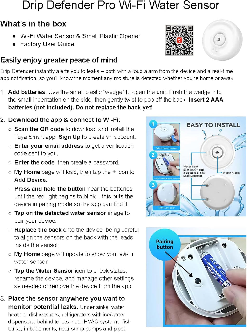 Drip Defender Pro Water Sensor WiFi Water Leak Detector for Home 100dB | High Sensitivity Smart Moisture Alarm, IP66
