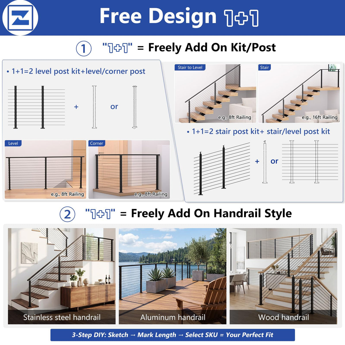 42" Modular Cable Railing Corner Post for Deck Porch, T-drilled