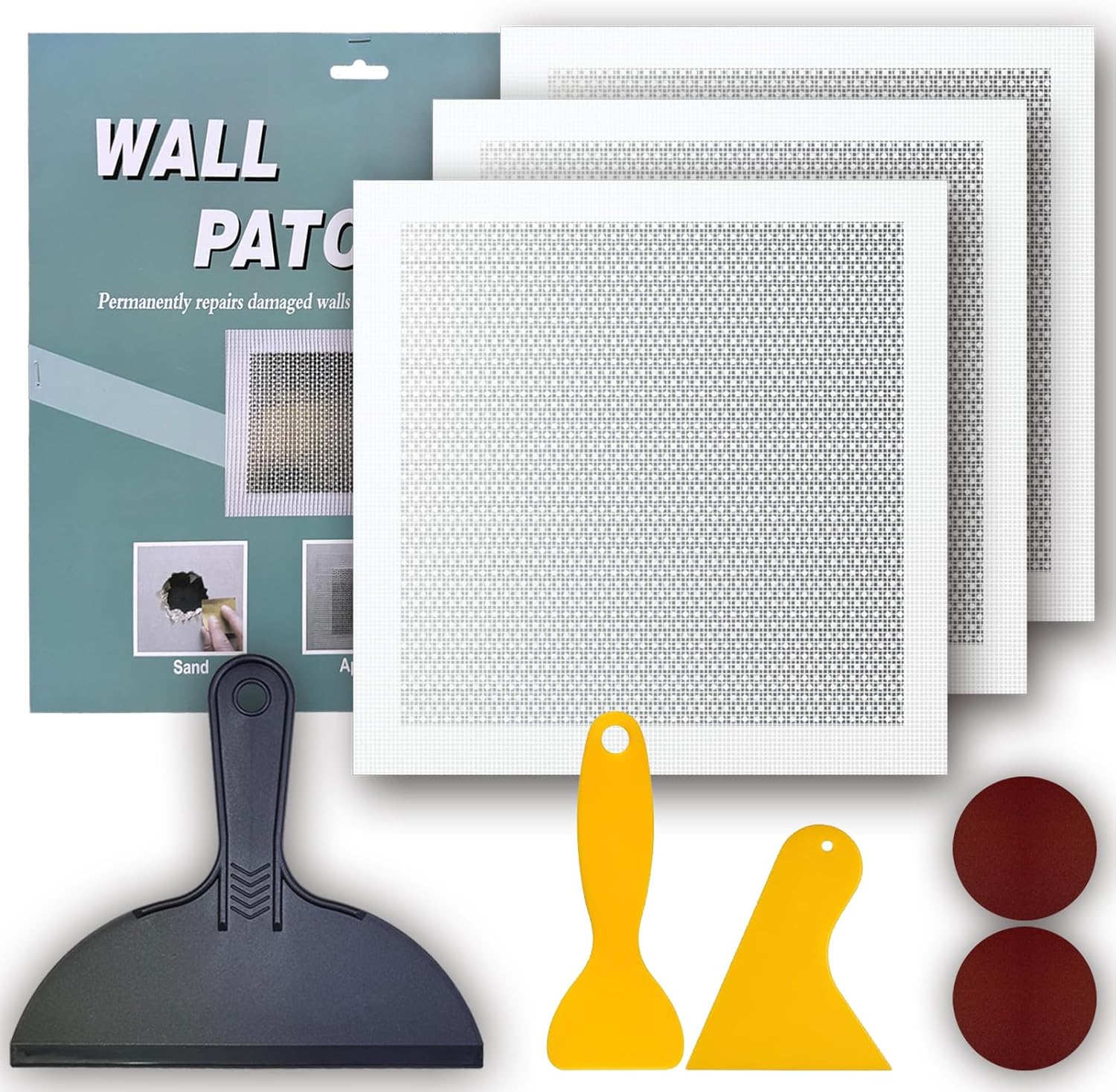 Drywall Repair Kit, 3 Pcs, 12x12in Self-Adhesive Patch with Sandpapers and Scrapers, Quick Fix for Large Holes