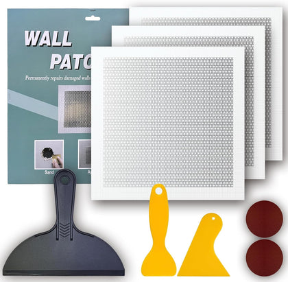 Drywall Repair Kit, 3 Pcs, 12x12in Self-Adhesive Patch with Sandpapers and Scrapers, Quick Fix for Large Holes