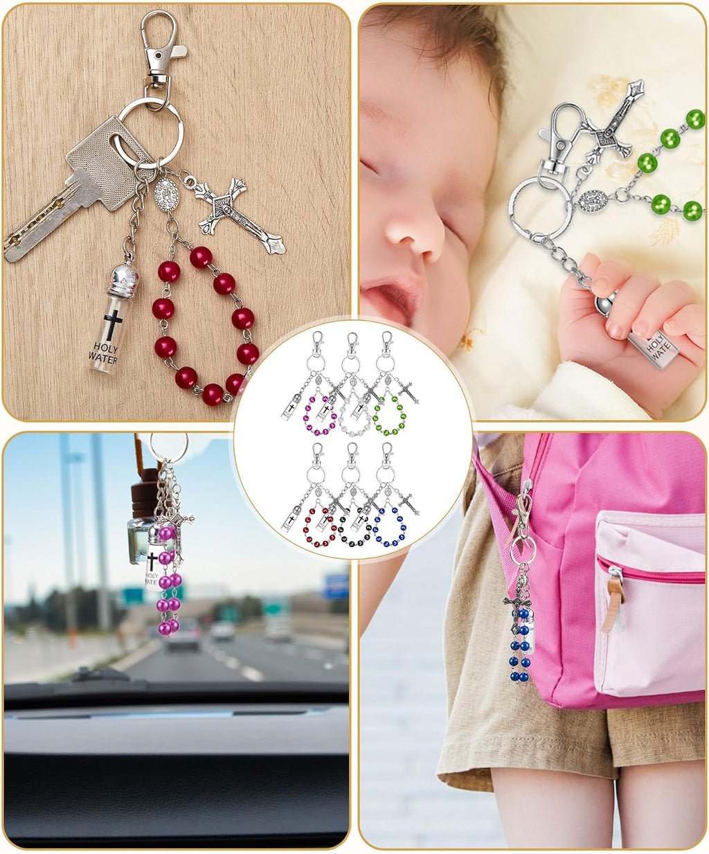 6 Set Holy Water Container Keychain with Rosary Bead, Crucifix, Organza Bags, Eye Dropper, Gift Bulk for Easter