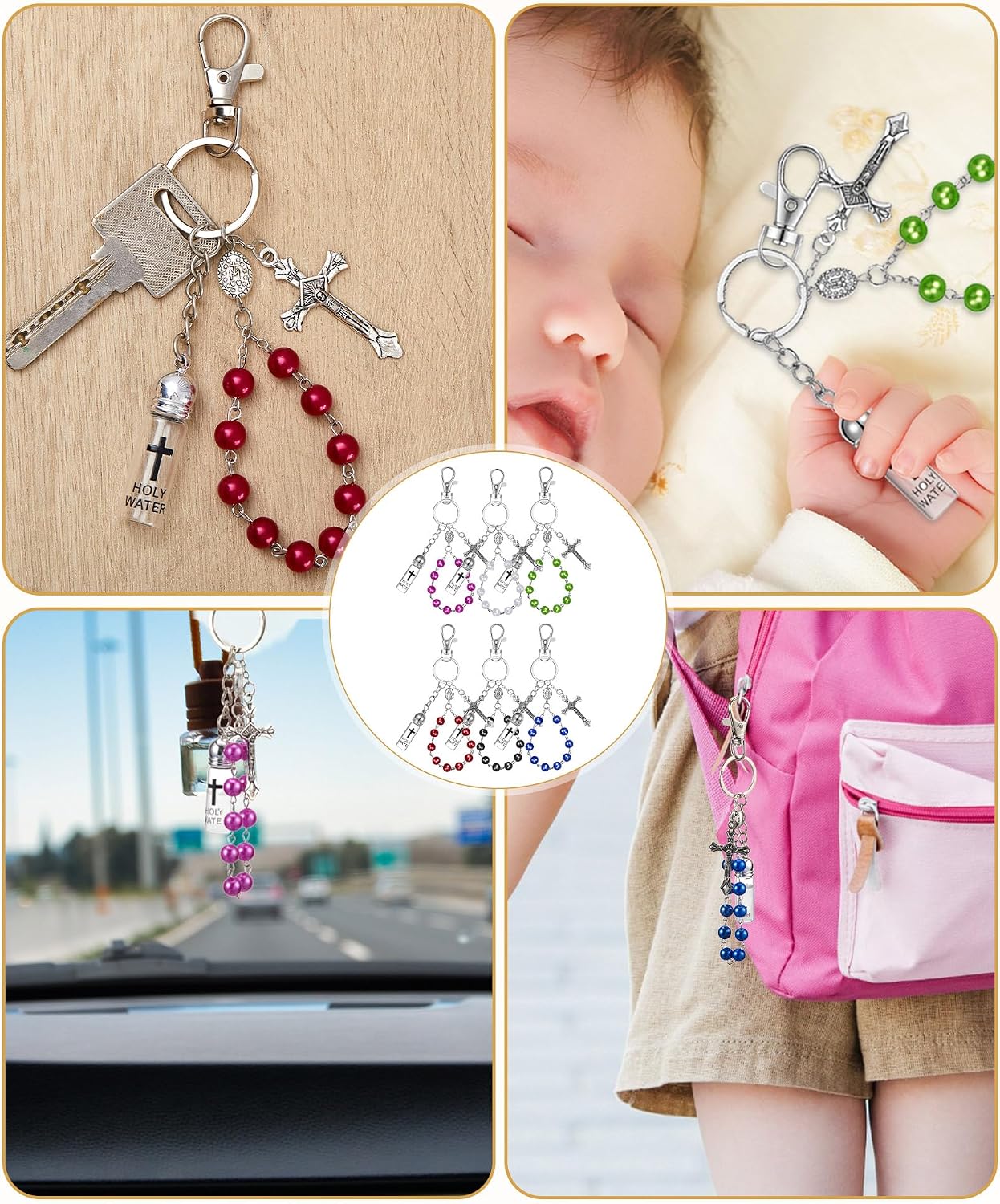 6 Set Holy Water Container Keychain with Rosary Bead, Crucifix, Organza Bags, Eye Dropper, Gift Bulk for Easter