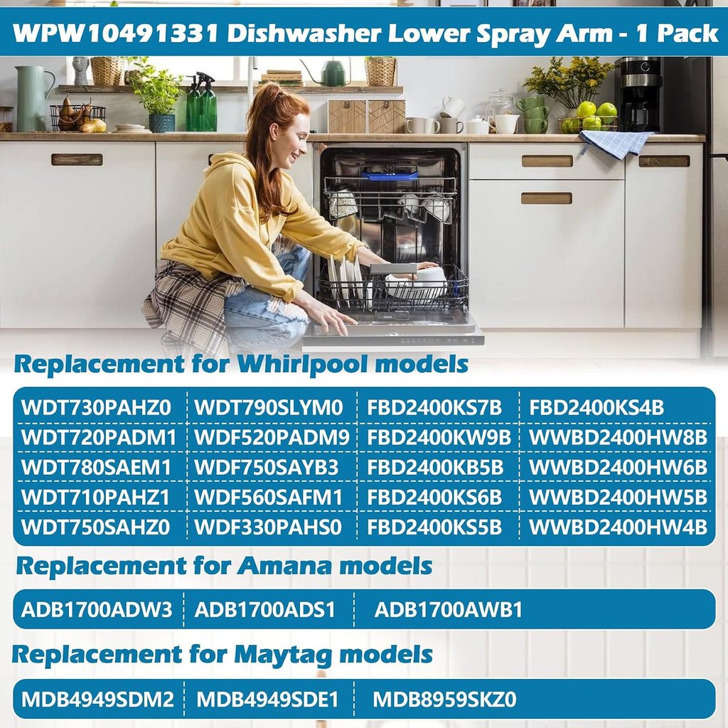 WPW10491331 Dishwasher Lower Spray Arm for Whirlpool Amana Maytag Admiral