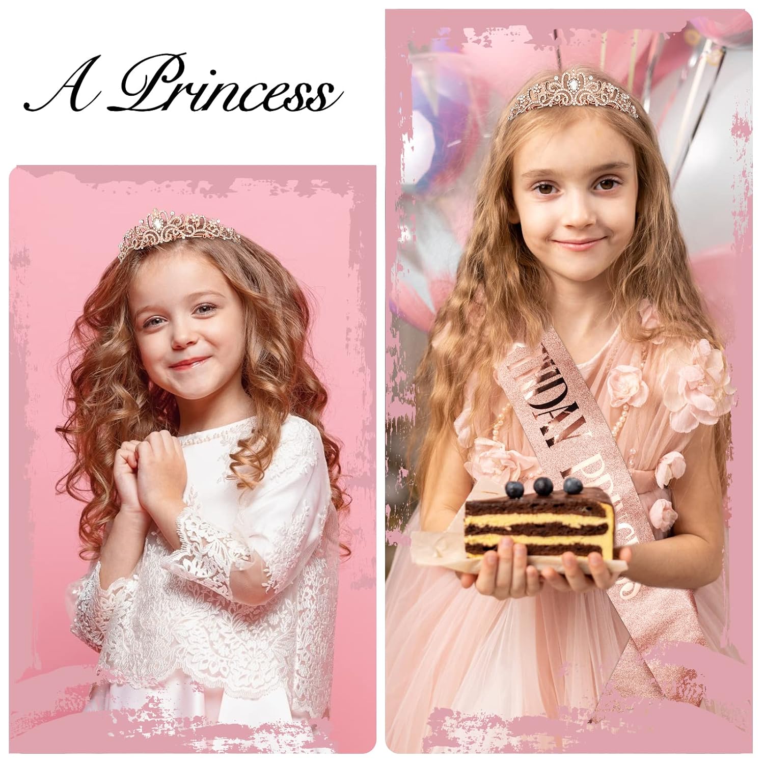 Princess Crown and Birthday Sash Set - Tiara for Women, Girls Birthday Decorations and Gifts - Rose Gold
