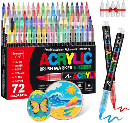 Acrylic Paint Markers Brush Tip, 72 Vivid Colors with Direct-Liquid Ink Control System, Professional-Grade Paint Pen