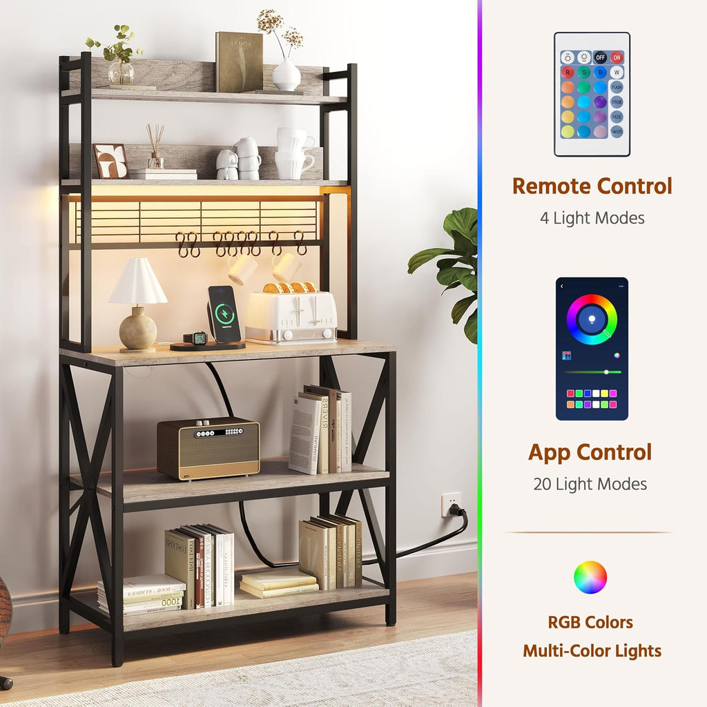 5-Tier Bakers Rack Coffee Bar with LED Lights & Power Outlet,Gray