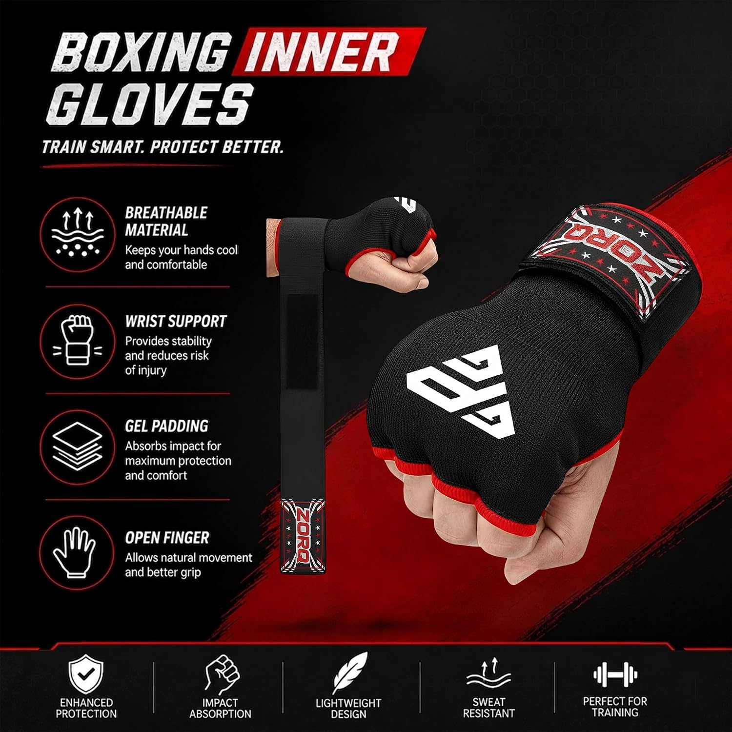 Gel Hand Wraps for Boxing Gloves - Quick Wrap Inner Gloves with Knuckle Protection for Men & Women, Easy Boxing Wraps