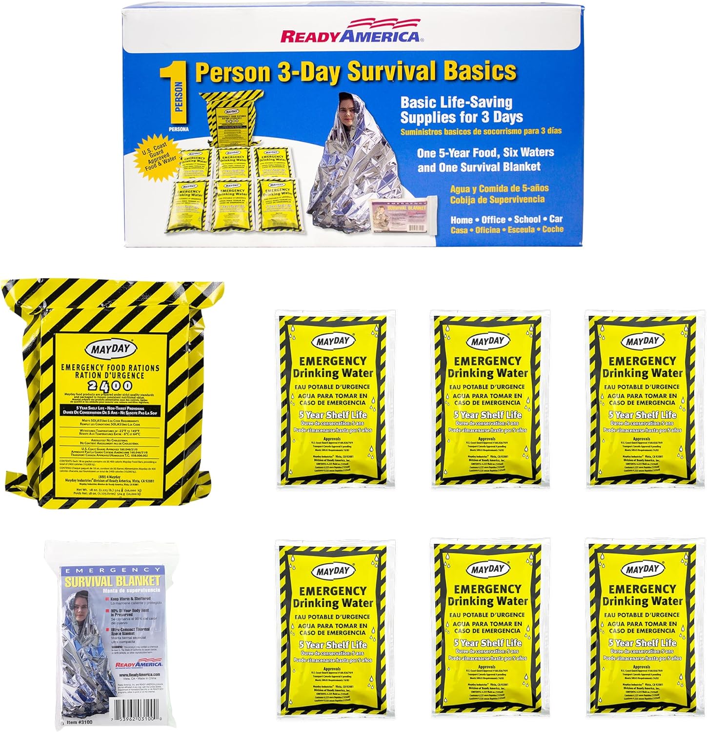 Ready America The Survival Box, 1-Person, 3-Day Emergency Kit Includes 5 Year Emergency Food, Water, Emergency