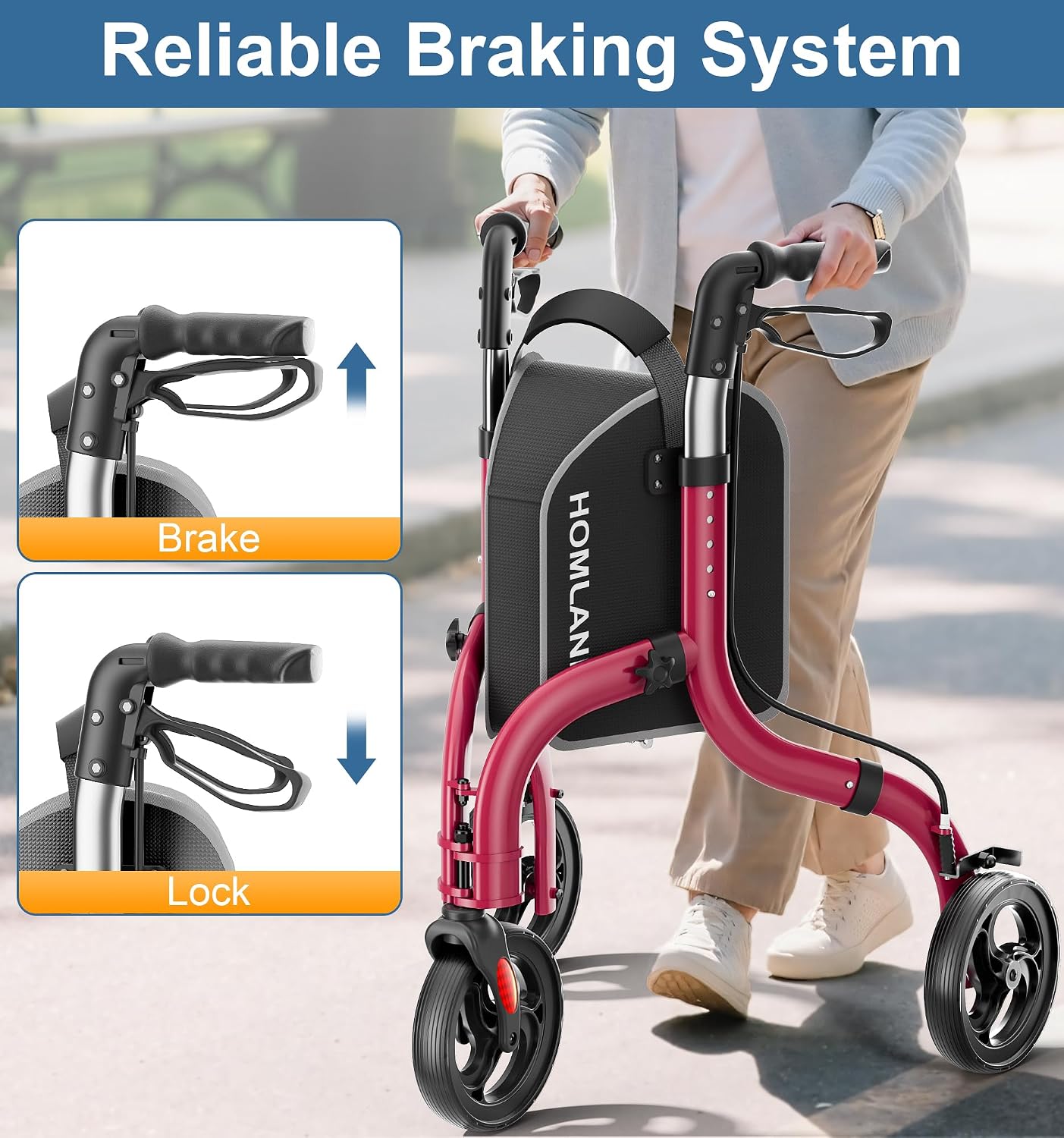 Foldable 3 Wheel Walkers for Seniors, Lightweight AluminumThree-Wheeled Walker, Height Adjustable Compact Walker with