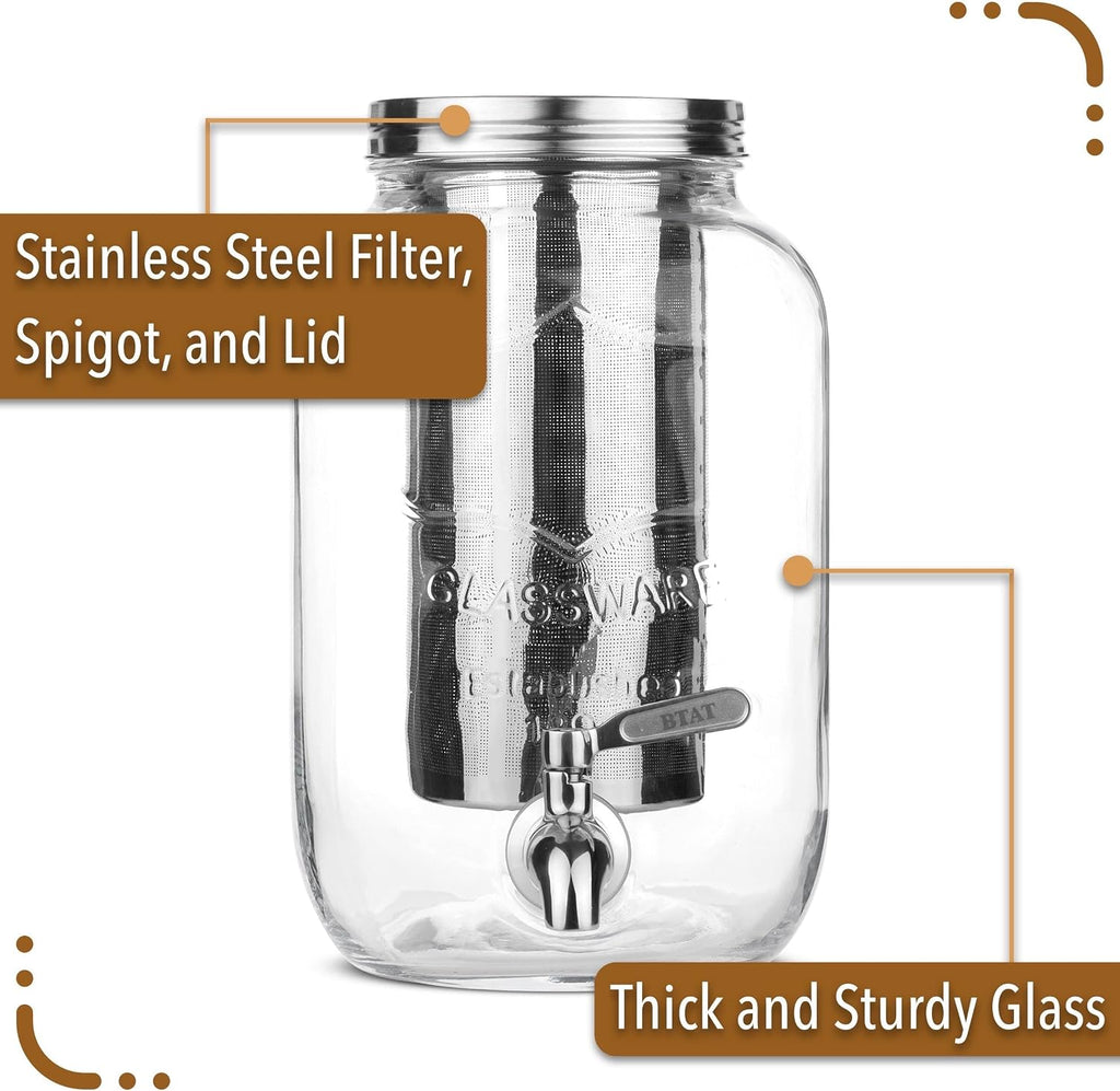 BTaT- 1 Gallon Cold Brew Coffee Maker, Thick Glass Pitcher | Stainless Steel Filter, Lid & Spigot Iced Coffee Sun Tea