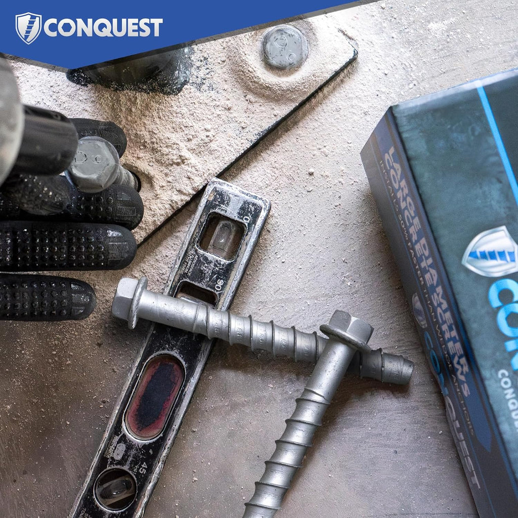 Conquest 3/8” x 6” Galvanized Large Diameter Concrete Screws (50-Pack), High-Strength Carbon Steel Concrete Anchor