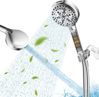 High Pressure 10 Spray Filtered Handheld Shower Head, Chrome | Showerhead with Water Softener Filter for Hard Water