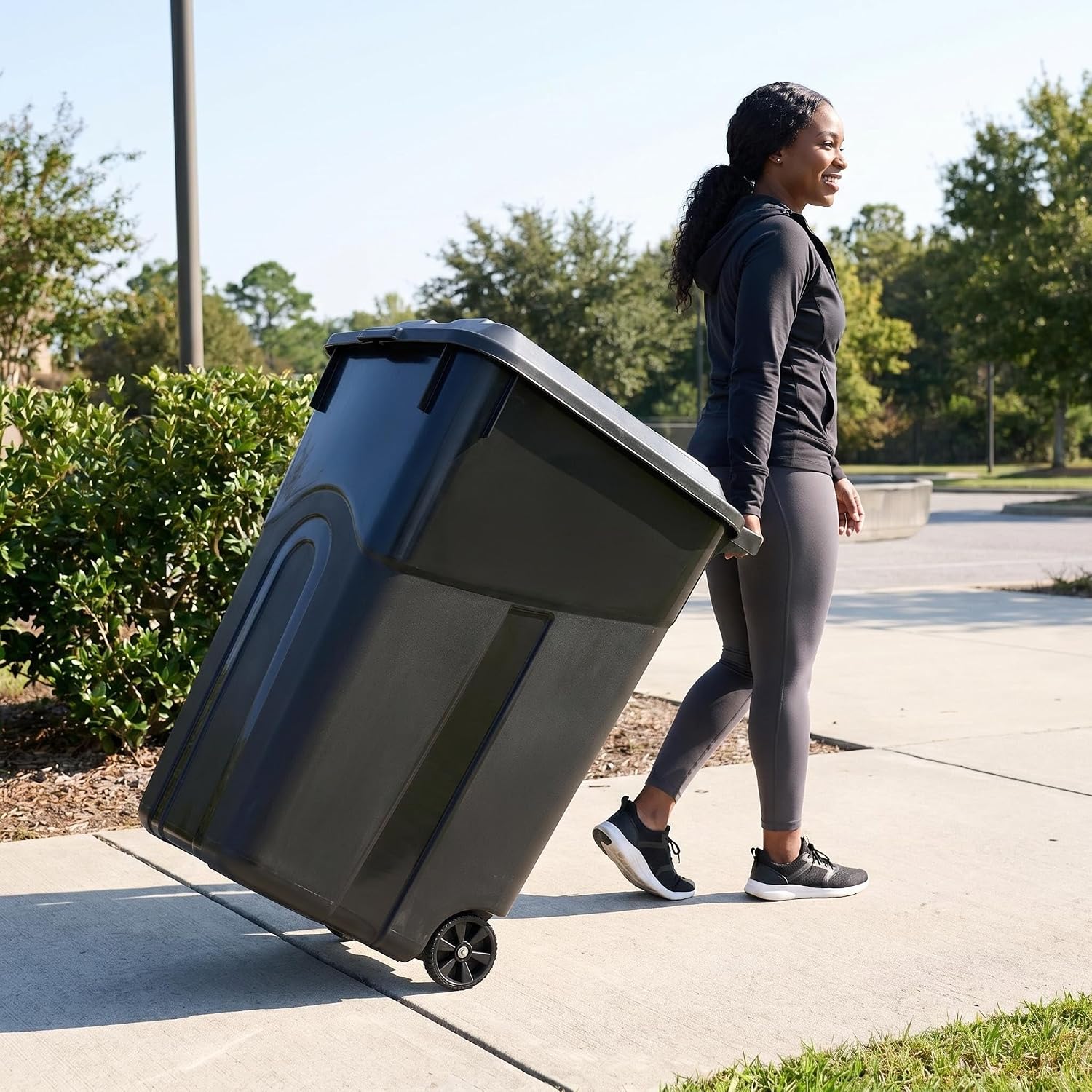 45 Gallon Wheeled Heavy Duty Plastic Garbage Can with Attached Lid, Durable Outdoor Trash Can with Wheels, Large